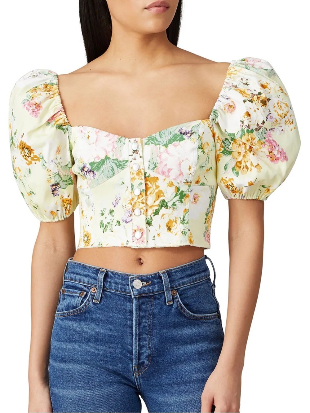 For Love And Lemons Chamomile Denim Crop Top In Buttercream Floral Puff Sleeves